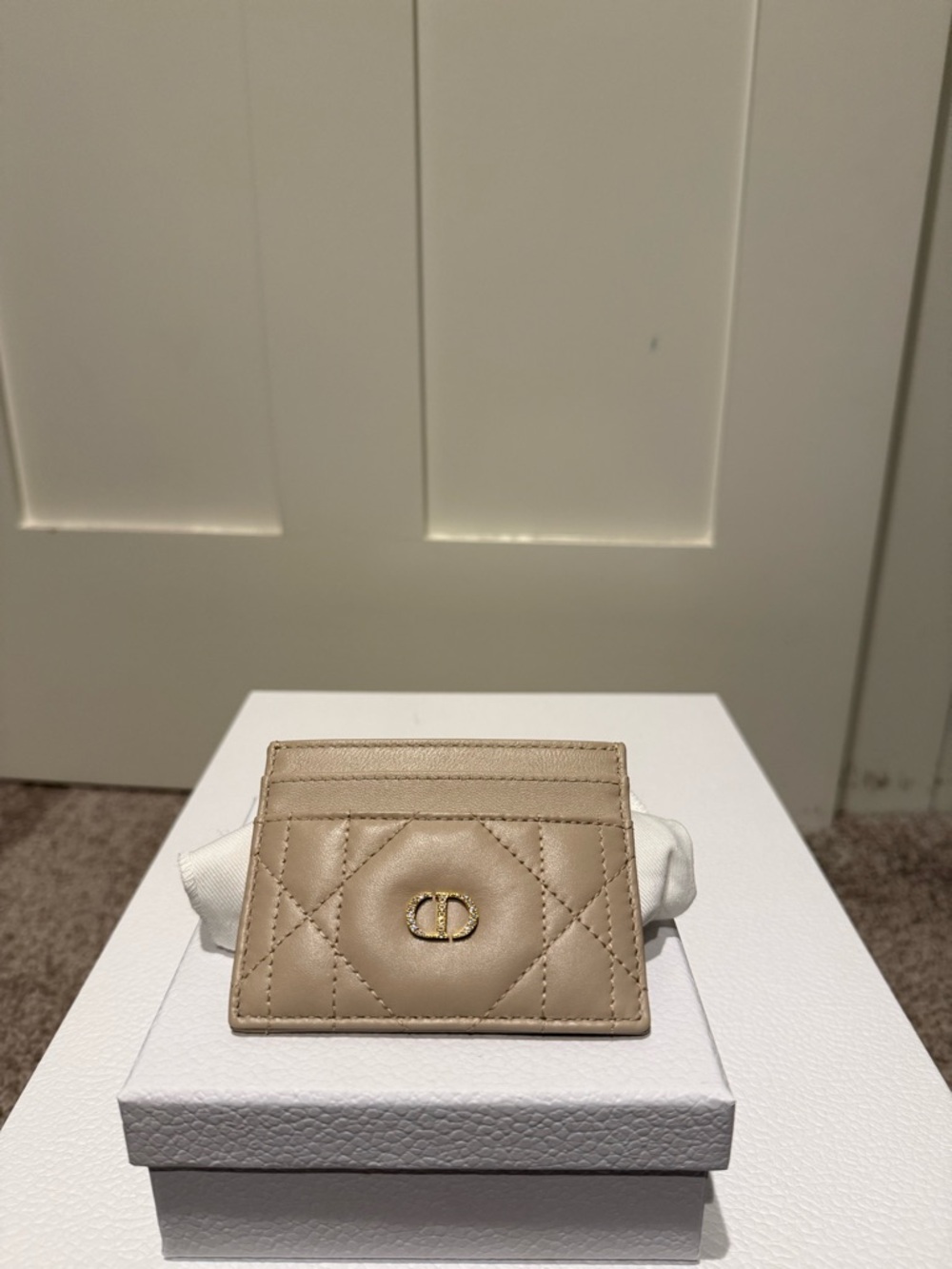 Dior Beige Quilted Leather Card Case with Gold Crystal CD Emblem